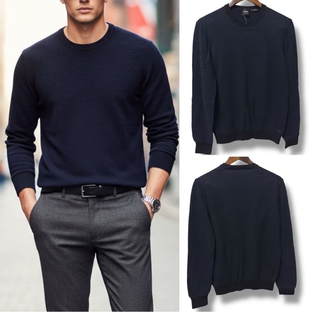BOSS Hugo Boss | NWOT Men’s Italian Yarn Textured Navy Crewneck Sweater (sz M)